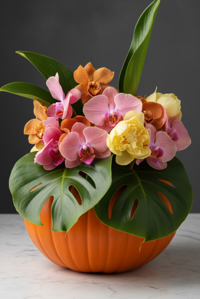 Tropical-style pumpkin arrangement with pink orchids and large monstera leaves — fusion of summer and autumn floral decor.