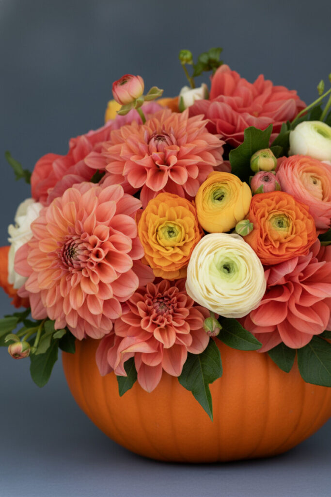 Romantic pumpkin bouquet of coral dahlias and saffron ranunculus blooms, styled with soft studio lighting.