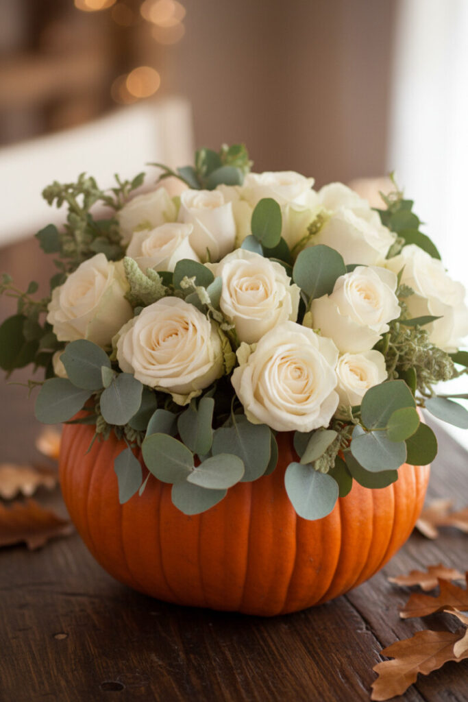 Minimalist pumpkin vase filled with white roses and eucalyptus sprigs, soft blurred background and gentle natural light.