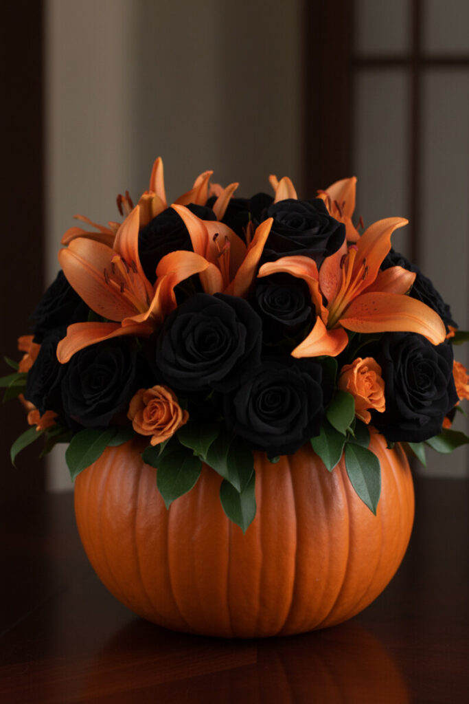 Dramatic Halloween-themed pumpkin flower arrangement with black roses and tangerine lilies under moody light.