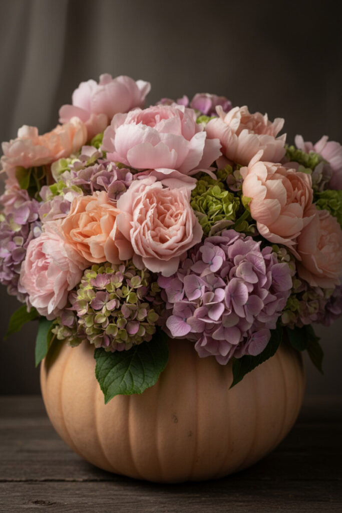 Elegant pastel arrangement of blush peonies and lavender hydrangeas in a pale pumpkin, soft daylight illuminating the velvety petals.