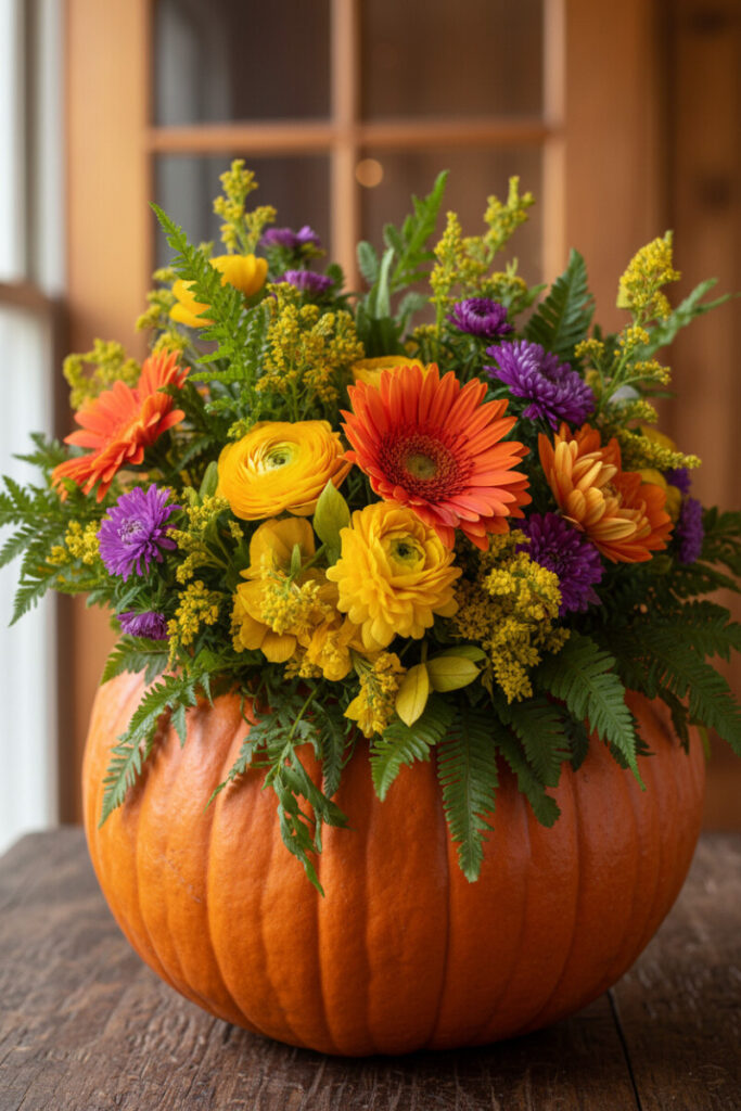 Pumpkin vase overflowing with colorful wildflowers and green ferns, natural rustic charm perfect for DIY pumpkin flower arrangements for home decor.