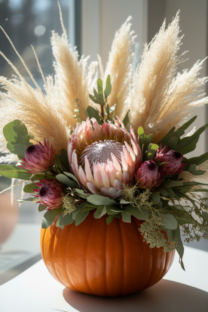 Tall pampas grass and pink protea bursting from a ribbed orange pumpkin, styled in bohemian autumn floral decor.
