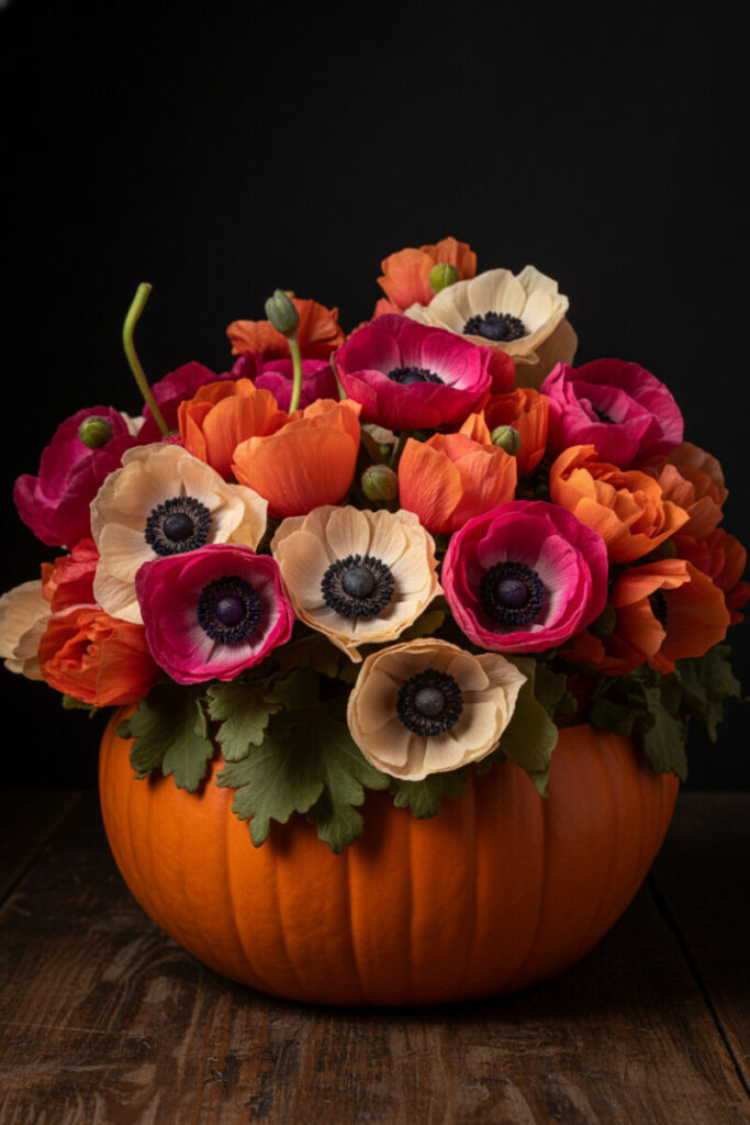Cinematic still life of anemones and coral poppies overflowing from a brilliant orange pumpkin against a dark wooden table.