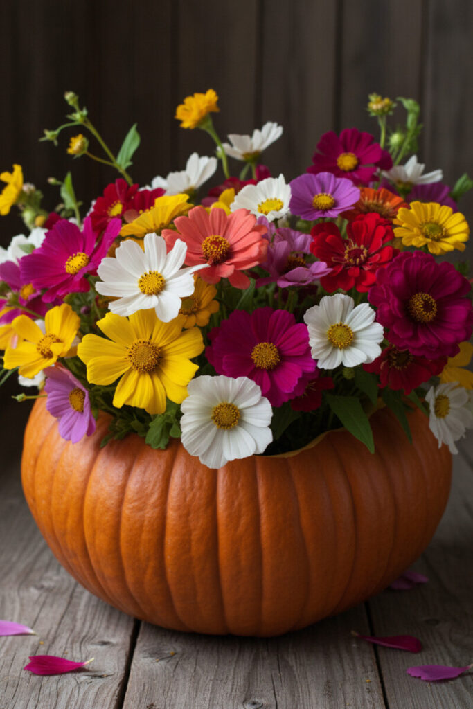 Colorful pumpkin flower arrangement of cosmos and zinnias in fuchsia, coral, and yellow hues — bright and rustic autumn design.