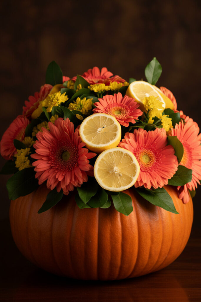 Creative pumpkin vase with Gerbera daisies and fresh lemon slices, blending floral design and edible artistry.