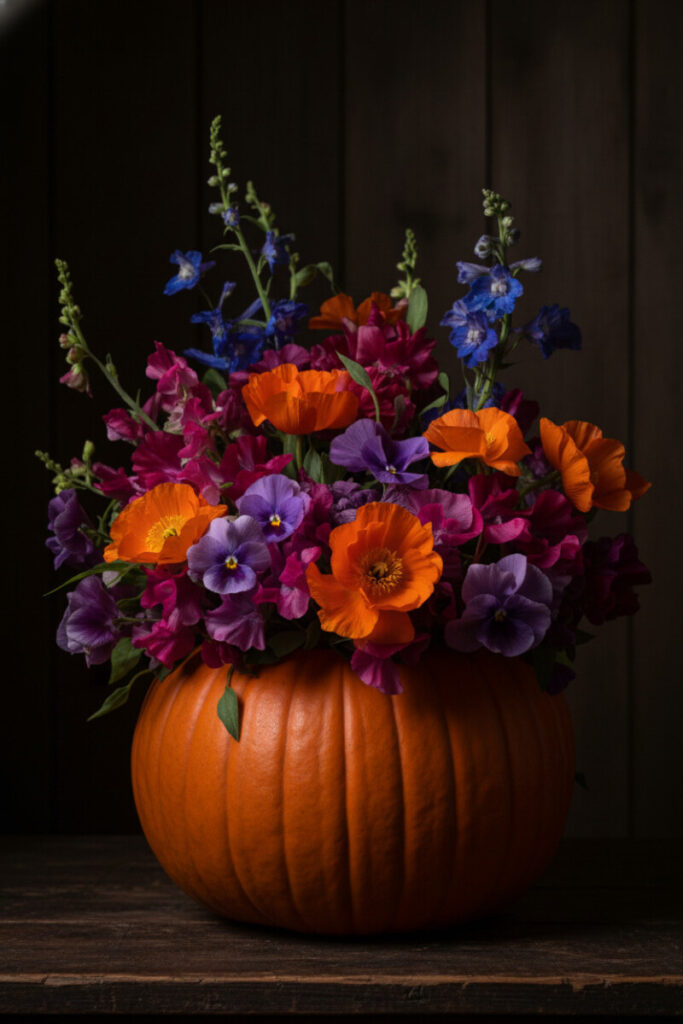 Pumpkin filled with indigo delphiniums and pink sweet peas, styled as a romantic countryside floral arrangement.