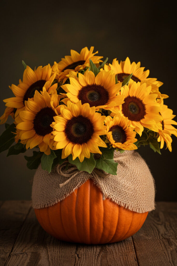 Classic farmhouse pumpkin centerpiece wrapped in burlap and filled with large golden sunflowers on a rustic wooden table.
