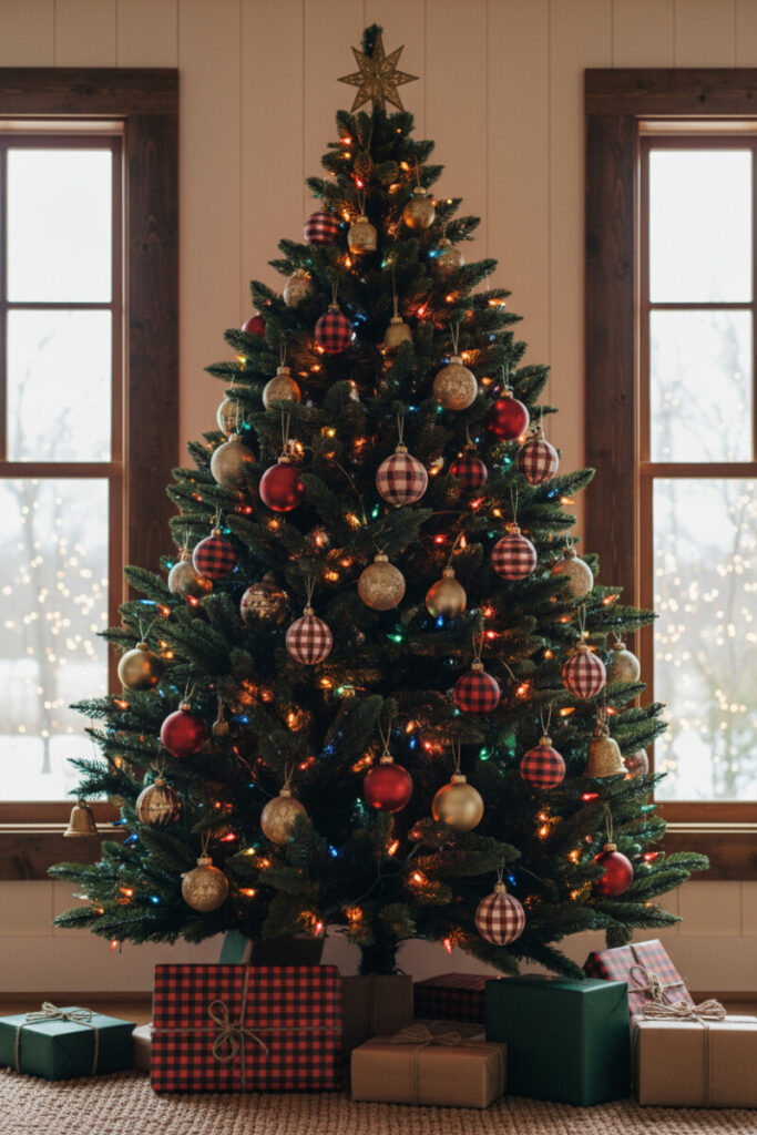 Dense farmhouse tree with antique mercury glass, brass bells, buffalo plaid, and multicolor lights between tall windows; presents wrapped in kraft and twine.