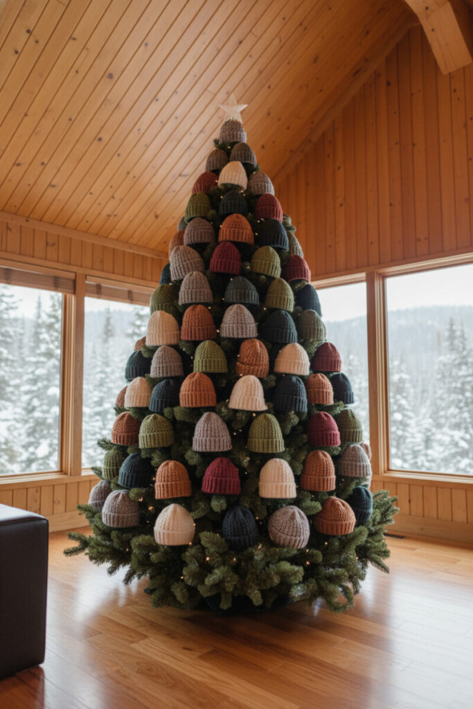 Full tree covered entirely in knitted and crocheted beanies topped with a white crochet star in a cedar-walled mountain lodge; cozy cabin Christmas.