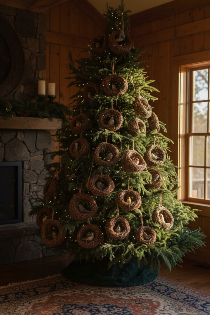 Emerald lodge tree trimmed with grapevine bird nests and tiny feathered birds, softly lit with warm micro lights beside a stone fireplace.