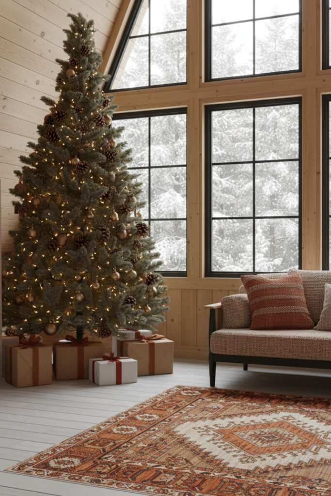 Woodland cottage fir packed with large pinecones, matte bronze and gold baubles, and warm fairy lights before floor-to-ceiling windows.