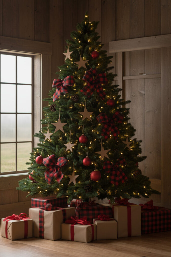 Rustic Christmas Tree Ideas showcase: dense evergreen with red-and-black buffalo check gingham bows, wooden stars, pinecones, and warm LEDs.