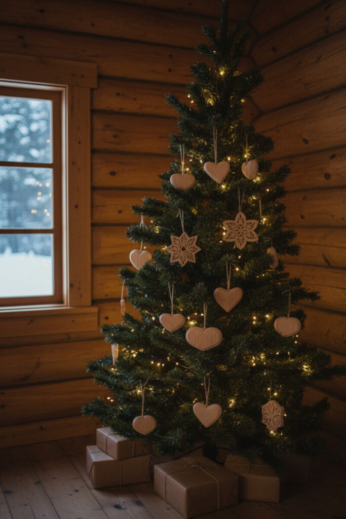 Scandinavian log cabin tree with hand-carved wooden hearts and stars, glowing micro LEDs, and rich honey-brown log walls; rustic holiday decor.