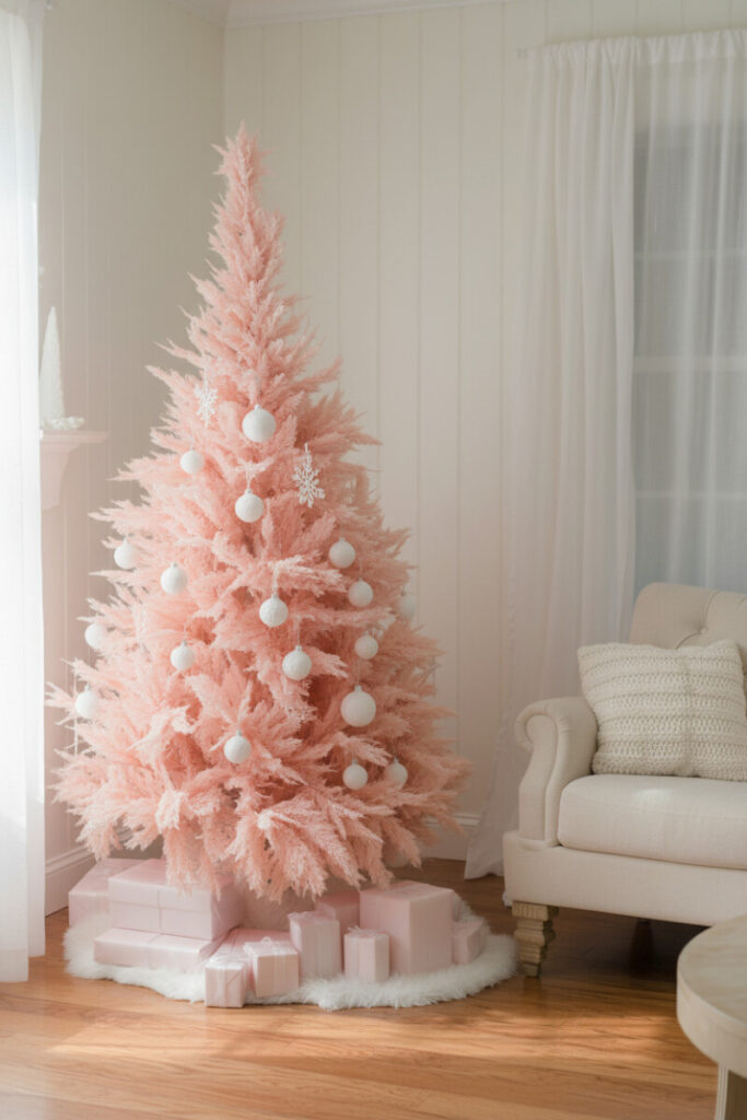 Blush pink pampas-grass “tree” with handmade white clay spheres and snowflakes, sheer linen curtains, and pastel gifts below.