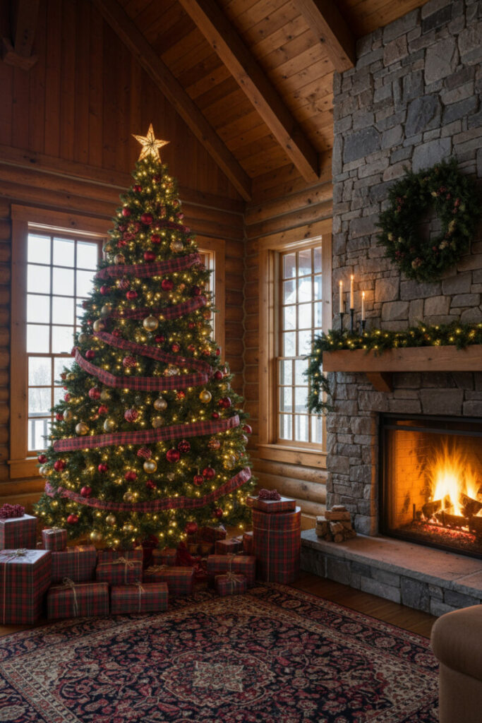 Grand lodge scene with tartan ribbon cascades, deep crimson and antique gold ornaments, roaring stone fireplace, and glowing star topper.