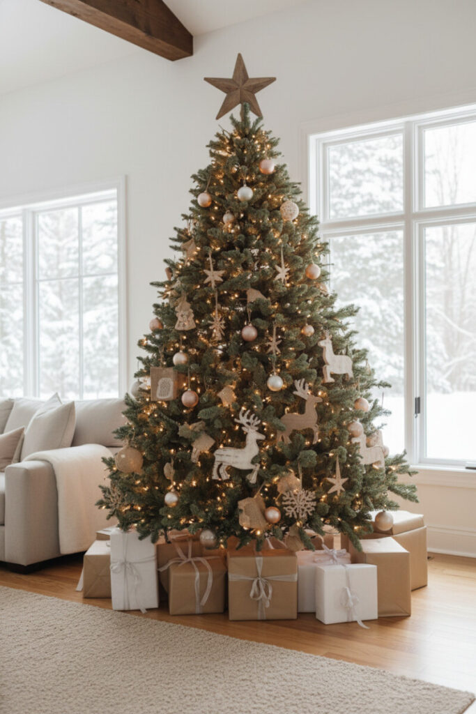 Full living room tree with reclaimed wood deer and snowflake cutouts, textured cream burlap ornaments, and warm amber twinkle lights.