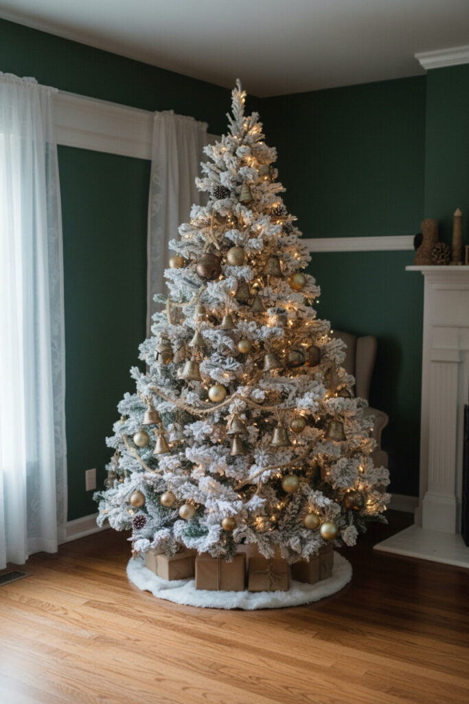Flocked tree strung with coarse jute twine and hung with distressed brass and silver bells; warm lights against hunter-green walls.