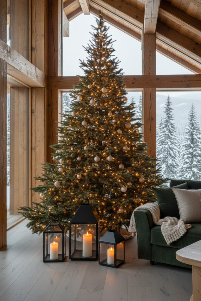 Minimal tree accented by three vintage black metal lanterns with ivory pillar candles; cream and pale gold ornaments sparkle nearby.