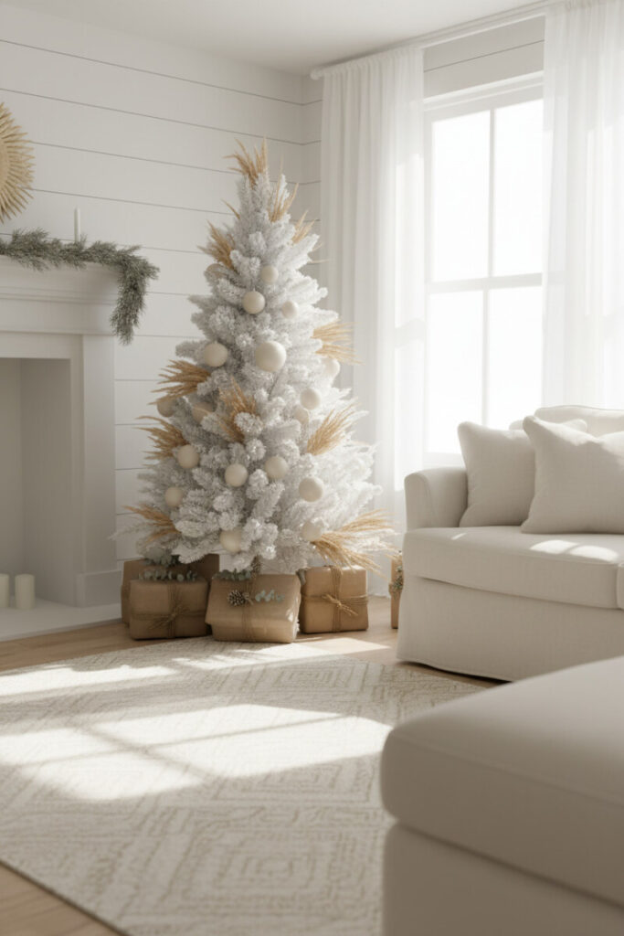 High-key flocked white tree with minimalist cream baubles and dramatic golden wheat and pampas inserts; serene rustic holiday decor.