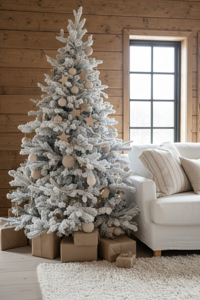 Heavily flocked tree draped with matte cream wooden bead garlands, pale oak stars, and large beige baubles over an ivory shag rug.