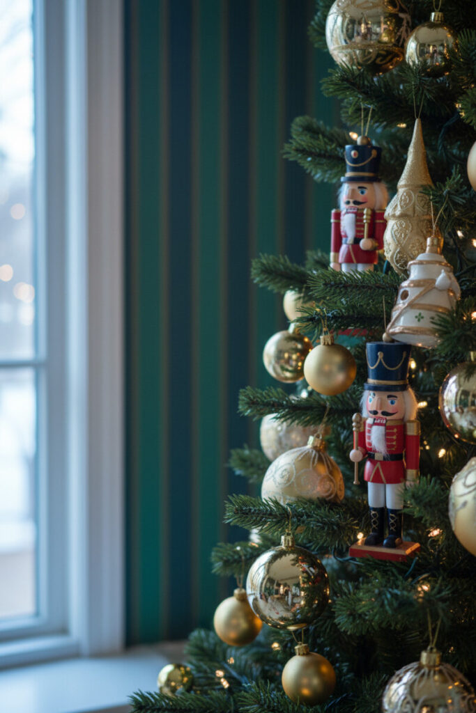 Close-up of classic fir branches featuring traditional wooden soldier nutcrackers, antique gold baubles, and warm LED sparkle; DIY rustic Christmas tree decorations.
