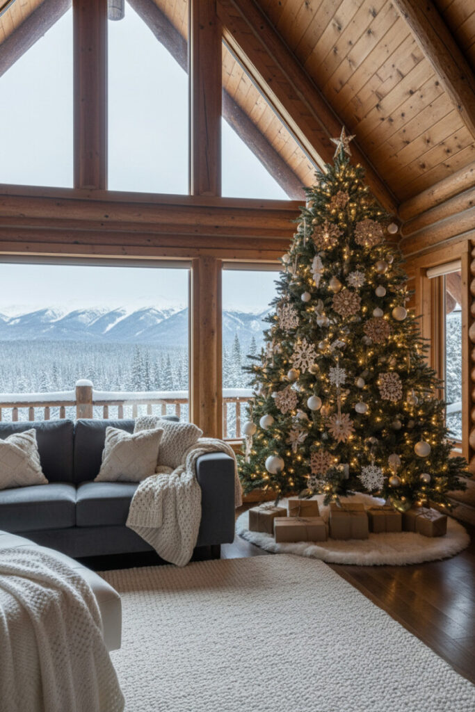 A-frame cabin showpiece tree adorned with intricate wooden snowflake ornaments, matte whites and champagne, glowing warmly against snowy views; Rustic Christmas Tree Ideas.