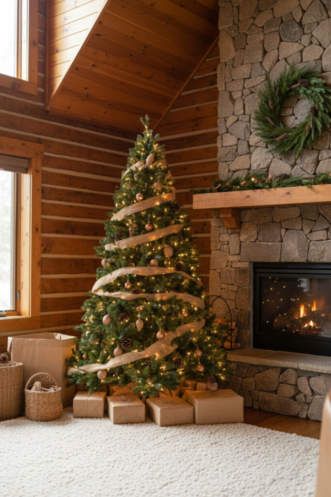 Center-stage evergreen with spiraled burlap ribbon, pinecone clusters, vintage copper baubles, and warm twinkle lights in a log cabin.