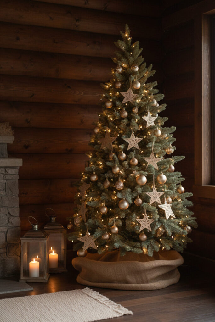 Low-light cabin tree with golden fairy lights, oversized wooden stars, bronze baubles, and a pooled burlap sack skirt; lanterns glowing nearby.