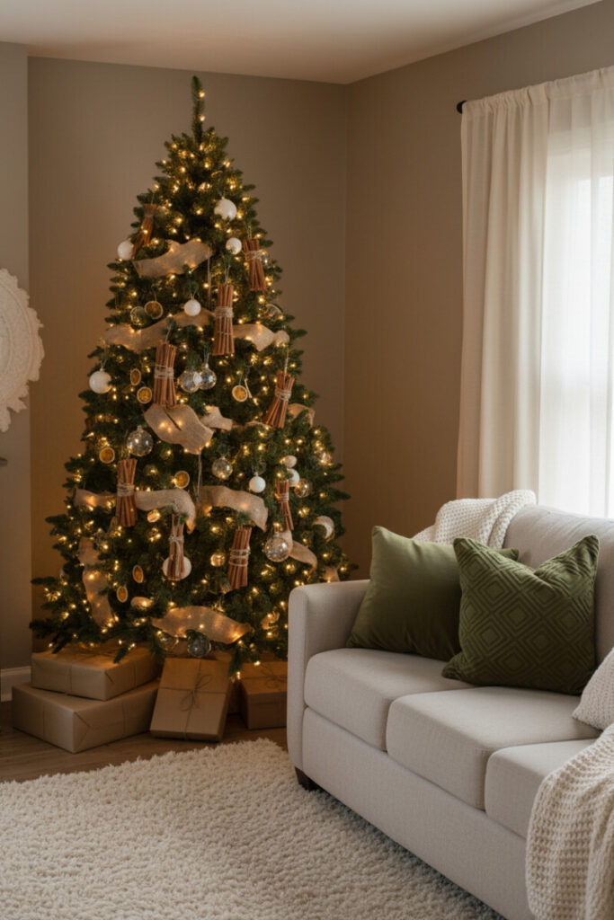 Corner tree loaded with DIY cinnamon stick bundles, burlap ribbon, dried citrus slices, and clear glass baubles; soft incandescent glow.