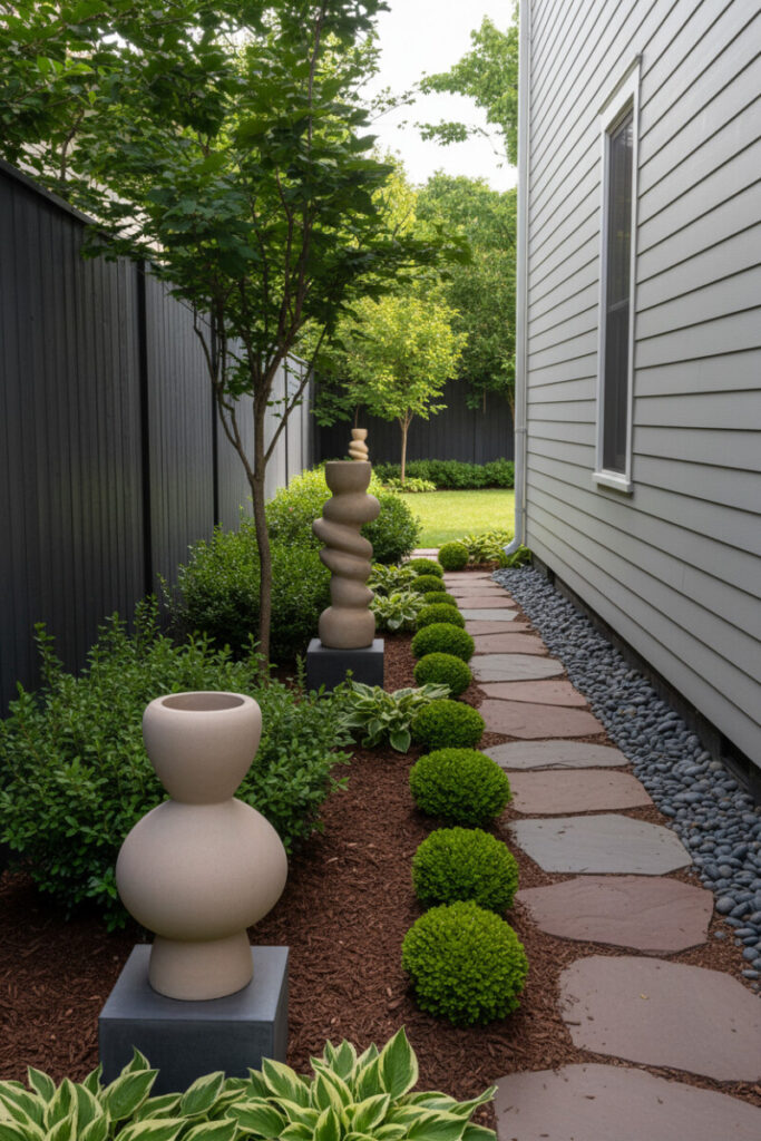 Photorealistic narrow side yard with matte beige stone sculptures on charcoal pedestals and clipped topiary; Side Yard Ideas.