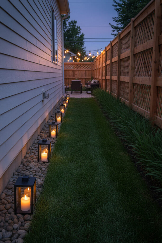 Dusk side yard of lantern-lit grass bordered by river stones and swordlike ornamental grasses against warm wood lattice.