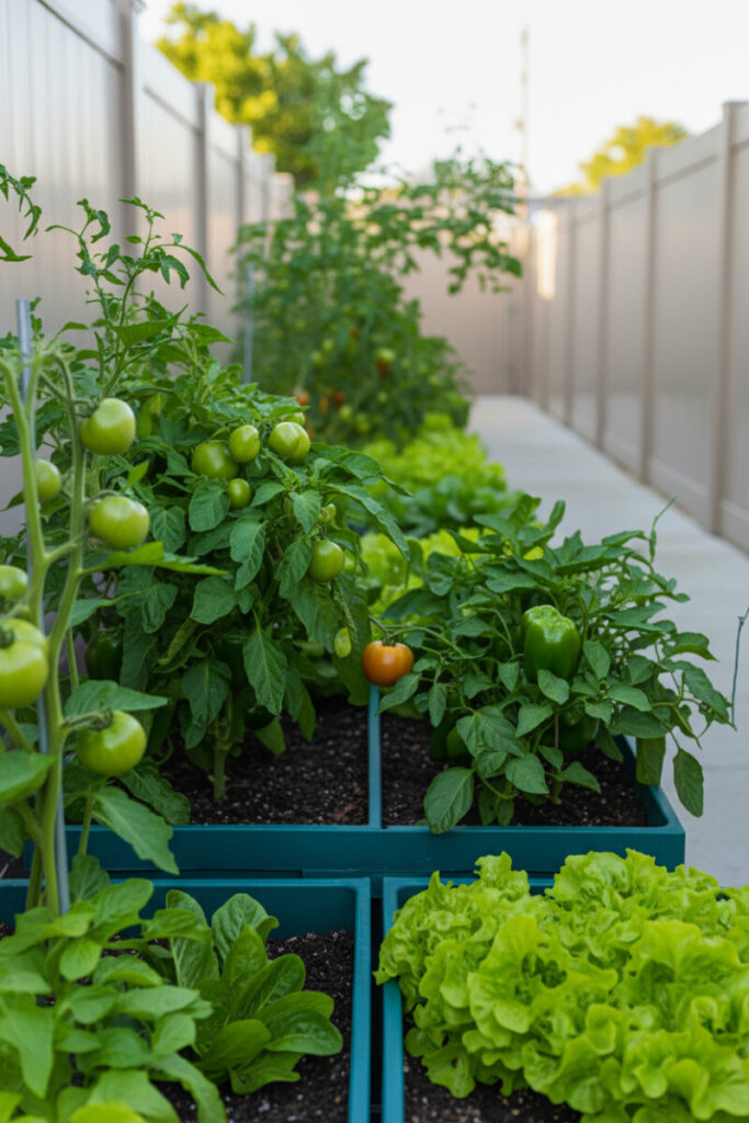 Teal modular planters packed with lettuce, tomatoes, and peppers lining a bright alley—smart small backyard landscaping.