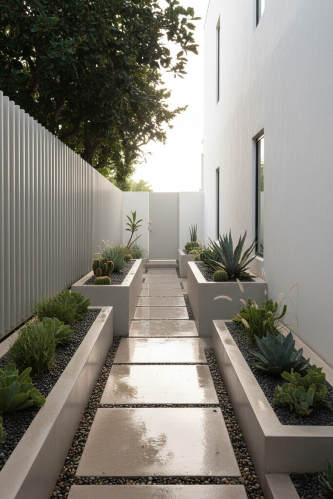 Pale taupe wet-look pavers separated by rounded river stones, flanked by concrete planters of agave—low maintenance side yard landscaping.