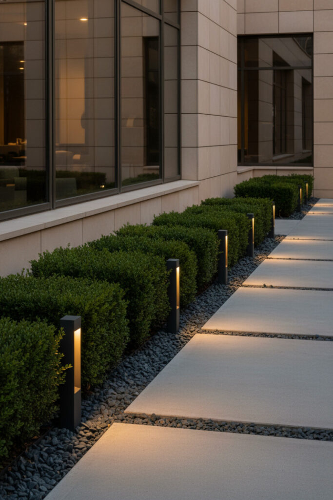 Large concrete pavers with deep river-rock beds, clipped boxwood hedge, and warm bollard lights; sleek Side Yard Ideas.