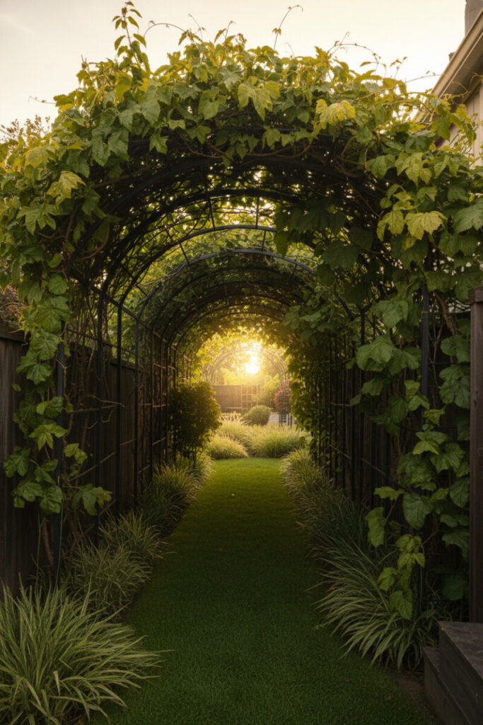 Metal lattice arbor densely covered in emerald vines over a moss-green lawn—side yard walkway ideas with plants.