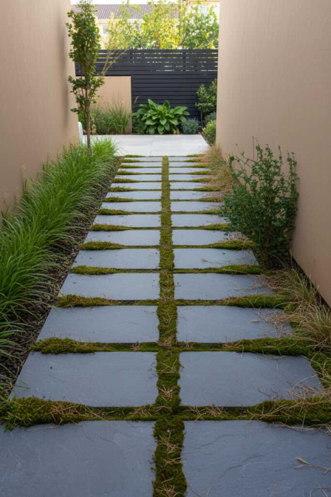 Low-angle grid of slate-gray patio stones with thick mossy joints between warm beige stucco walls; classic narrow garden design.