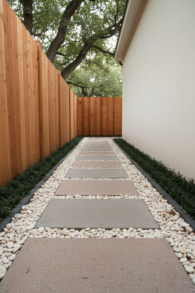 Mottled gray pavers inset with white and cream pebbles, cedar fence left and smooth stucco right; refined Side Yard Ideas.