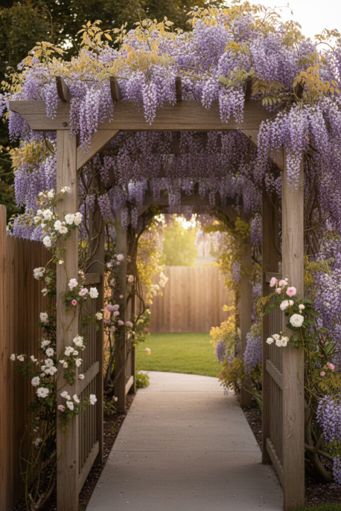 Wisteria-laden wooden arbor with climbing roses over a smooth gray walkway leading to a bright lawn.