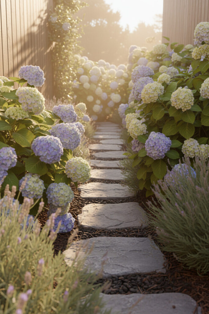 Rough slate stepping stones with river pebbles through hydrangeas and lavender, sunlight glowing at the path’s end—side yard walkway ideas with plants.