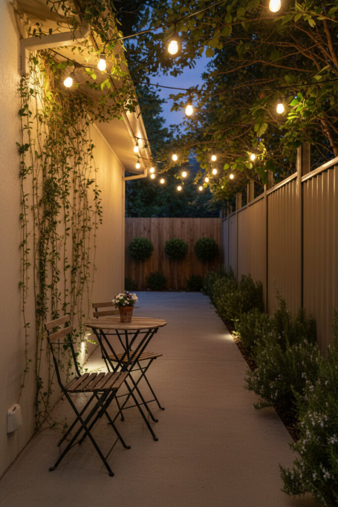 Twilight bistro patio with vine-draped stucco wall, Edison string lights, and a compact table for intimate Side Yard Ideas.