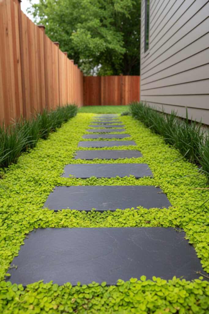 Charcoal-black slate stepping stones embedded in lime-green creeping groundcover, framed by cedar fence and taupe siding; narrow garden design.