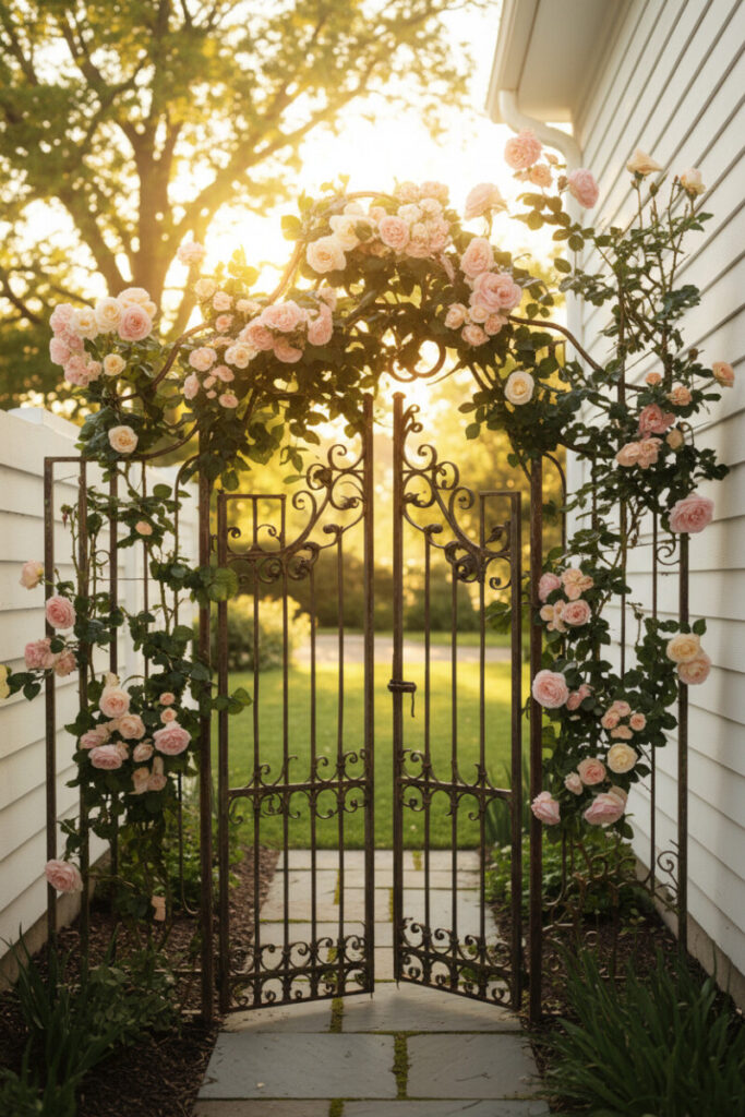 Ornate wrought-iron double gate draped in blush climbing roses opening to slate flagstones and deep green lawn.