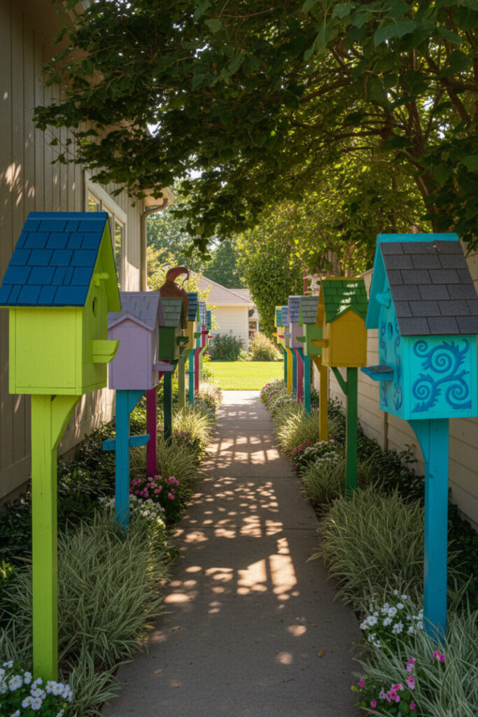 Whimsical birdhouse lane with brightly painted houses on varied posts amid grasses and wildflowers under dappled canopy.