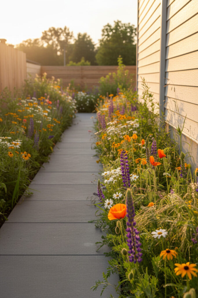 Straight slate-gray paver path through dense wildflowers—orange poppy, purple spires, daisies—ideal side yard walkway ideas with plants.