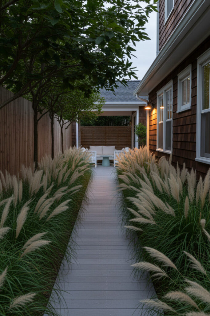 Wooden deck walkway bordered by tall pampas-style grasses beside cedar shake siding and warm window sconce; inviting Side Yard Ideas.