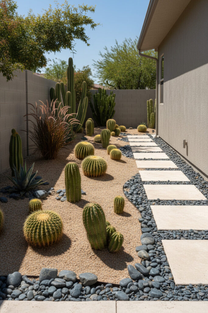 Modern xeriscape side yard featuring agave, barrel cacti, and rectangular pavers on decomposed granite for low maintenance side yard landscaping.