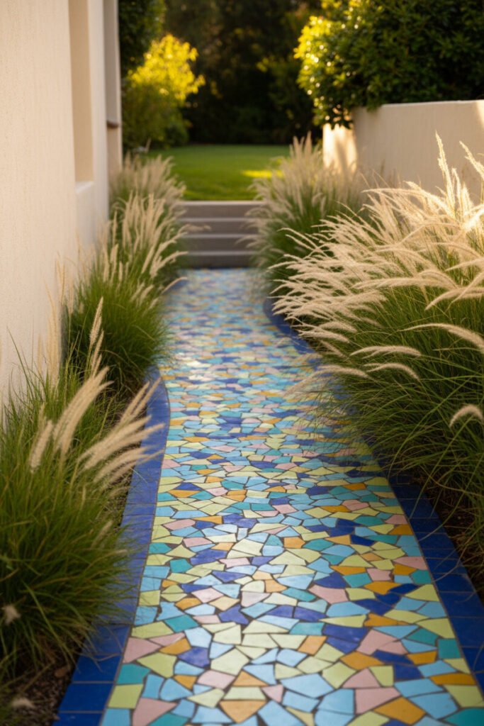 Serpentine trencadís mosaic path bordered by glowing fountain grass beside a creamy stucco wall; colorful Side Yard Ideas.