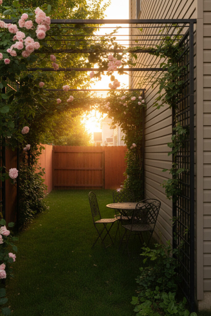 Vintage bistro set under rose-draped iron arbor on emerald lawn leading to a sunlit backyard nook.