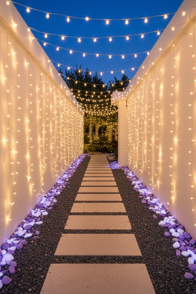 Twilight corridor with curtain fairy lights, globe strands overhead, and beige stepping stones in charcoal gravel; Side Yard Ideas.
